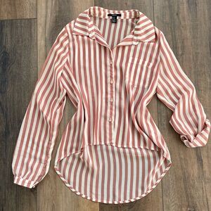 Forever 21 Womens Medium Top Pink Cream Sheer Stripe Tunic Button Collar Preppy